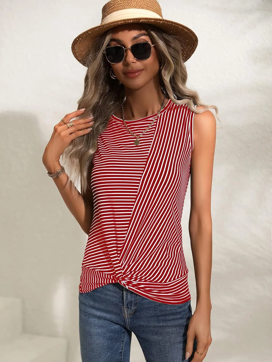 SweatyRocks Women's Sleeveless Stripe Print Shirt Casual Round Neck Twist Hem Tank Top
