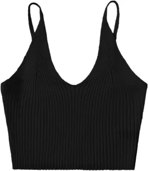 SweatyRocks Women's V Neck Crop Cami Top Ribbed Knit Spaghetti Strap Sleeveless Vest