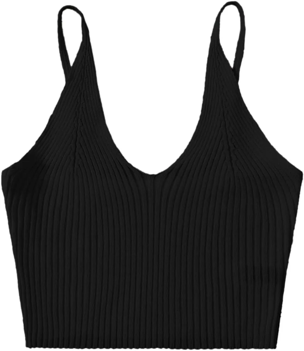SweatyRocks Women's V Neck Crop Cami Top Ribbed Knit Spaghetti Strap Sleeveless Vest