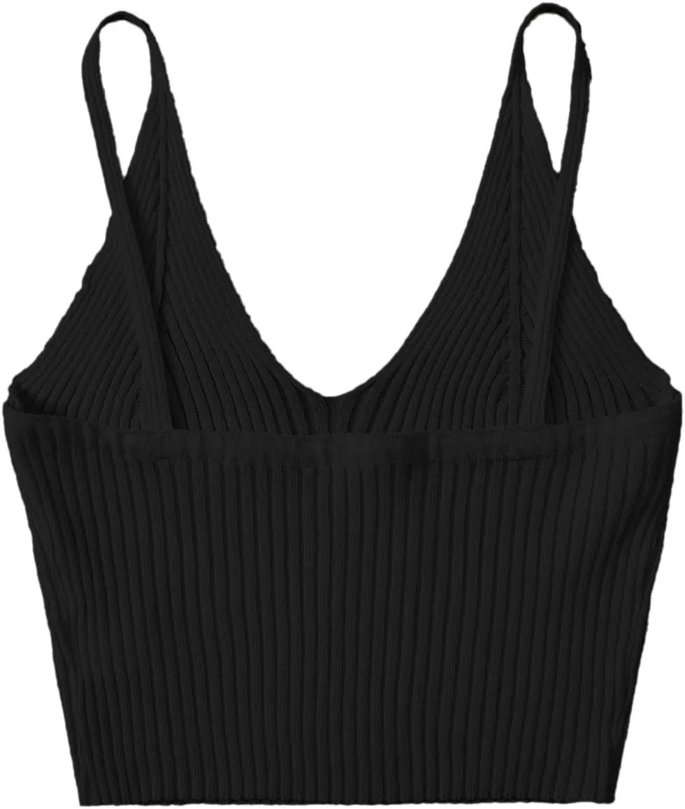 SweatyRocks Women's V Neck Crop Cami Top Ribbed Knit Spaghetti Strap Sleeveless Vest