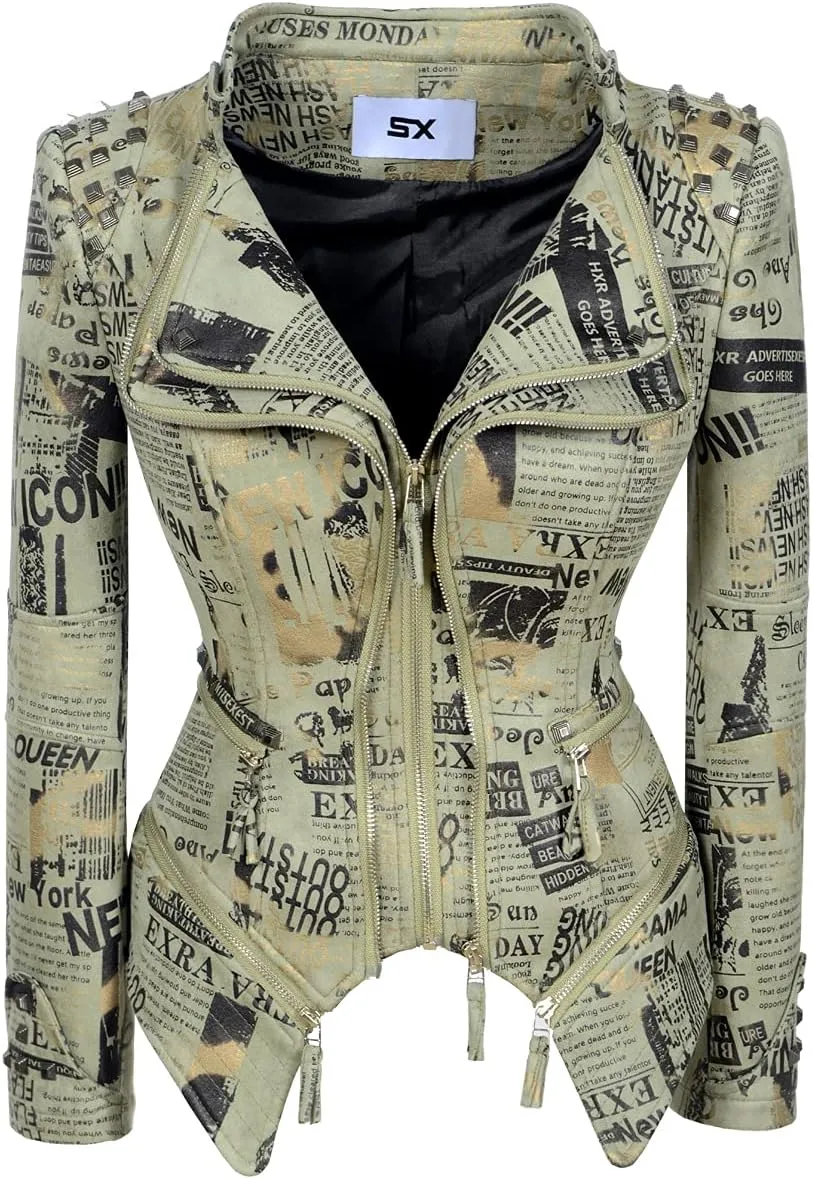 SX Women's Fashion Studded Perfectly Shaping Faux Leather Biker Jacket
