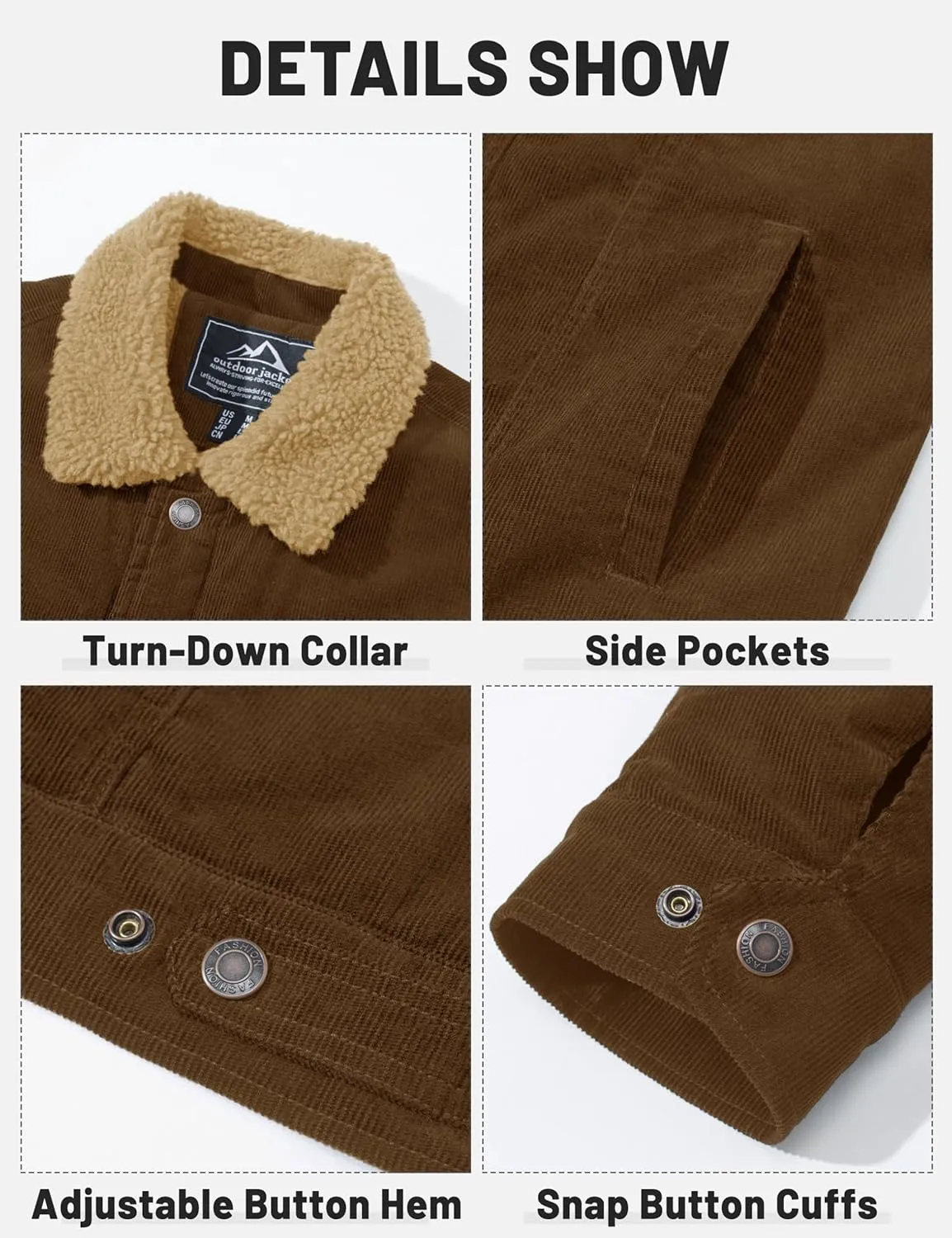 TACVASEN Men's Corduroy Jacket Fleece Sherpa Lined Winter Coats Warm Thick Cotton Casual Trucker Cargo Jacket