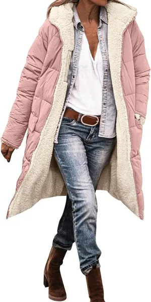 Thicken Fleece Lined for Women Puffer Coat Padded Jacket Plus Size Fleece Jacket Color Block Lightweight Heated Long