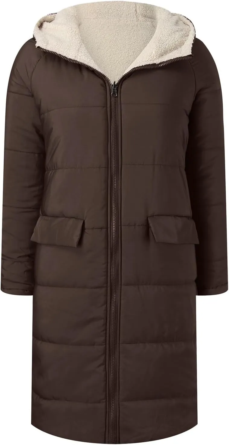 Thicken Fleece Lined for Women Puffer Coat Padded Jacket Plus Size Fleece Jacket Color Block Lightweight Heated Long