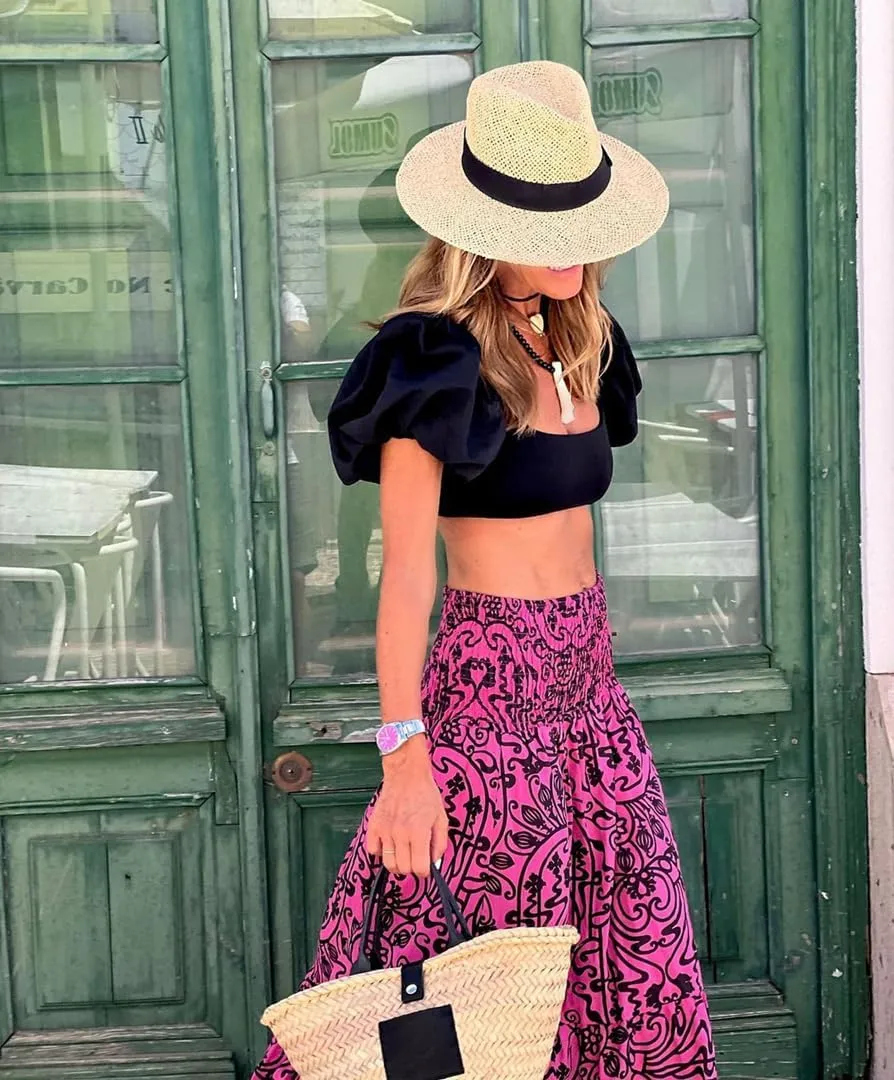 THLAI Womens Casual Maxi Skirt Tropical Print A-Line Long Skirts Spring Summer Vacation Skirt