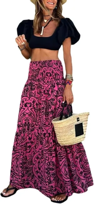 THLAI Womens Casual Maxi Skirt Tropical Print A-Line Long Skirts Spring Summer Vacation Skirt