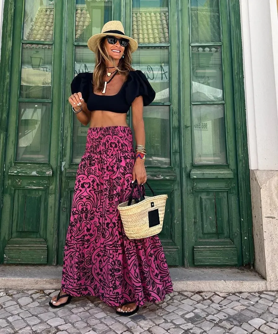 THLAI Womens Casual Maxi Skirt Tropical Print A-Line Long Skirts Spring Summer Vacation Skirt