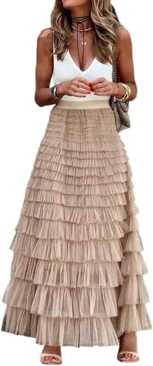 THLAI Womens Mesh Maxi Skirt Long Skirts Spring Summer Solid Skirt
