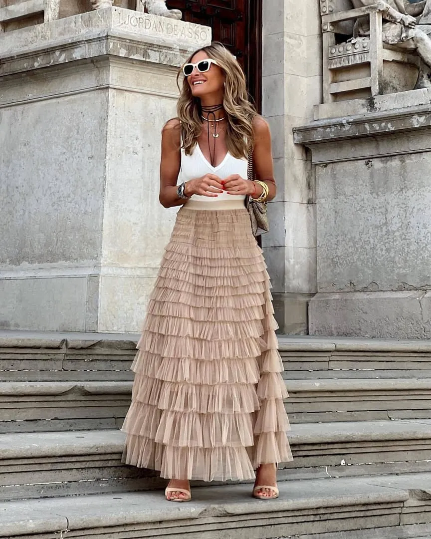 THLAI Womens Mesh Maxi Skirt Long Skirts Spring Summer Solid Skirt