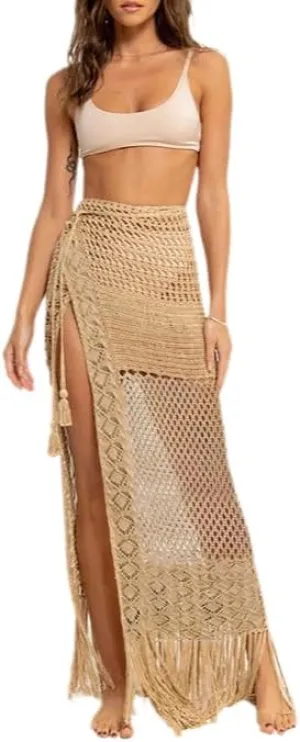 THLAI Womens Sexy Solid Maxi High Waisted Skirt Hollow Out Summer Tassels Beach Knit Skirt