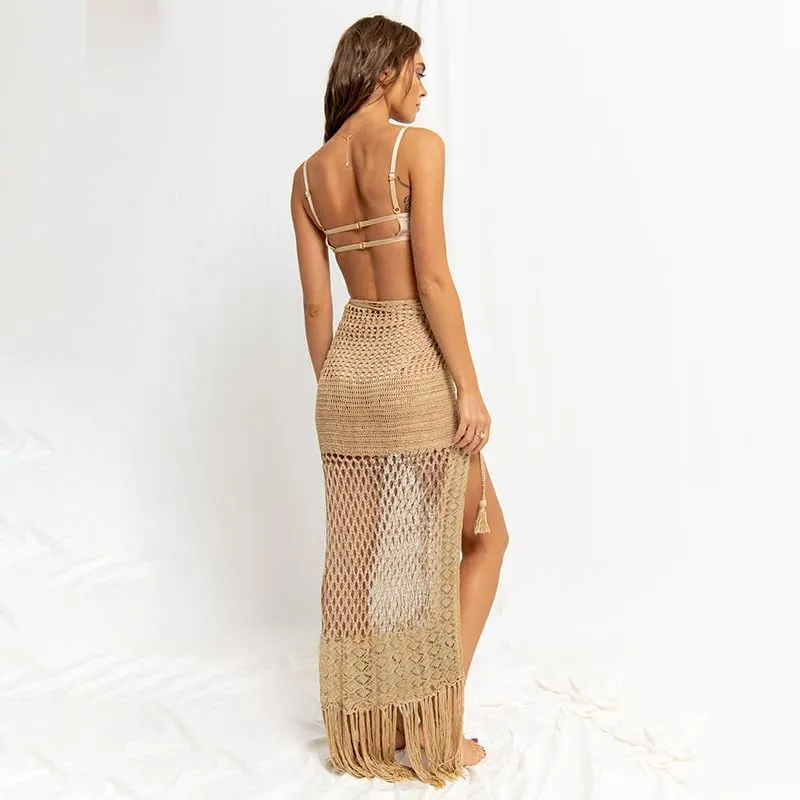 THLAI Womens Sexy Solid Maxi High Waisted Skirt Hollow Out Summer Tassels Beach Knit Skirt