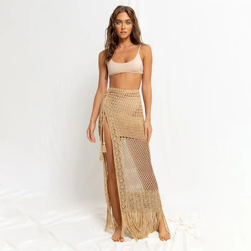 THLAI Womens Sexy Solid Maxi High Waisted Skirt Hollow Out Summer Tassels Beach Knit Skirt