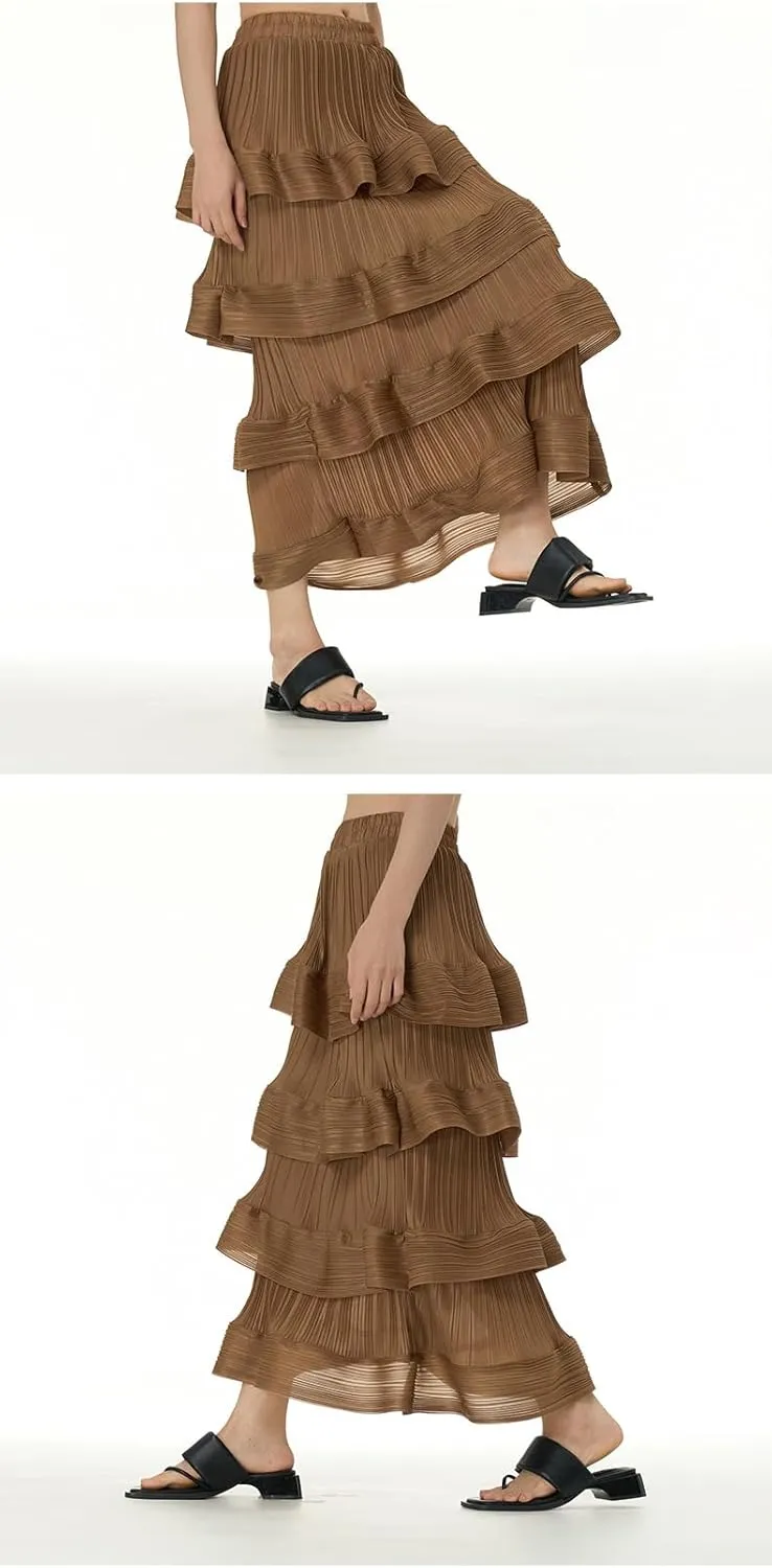THLAI Womens Skirt Midi Elastic Waist Tiered Long Skirt Falbala Spring Summer Fall Skirt