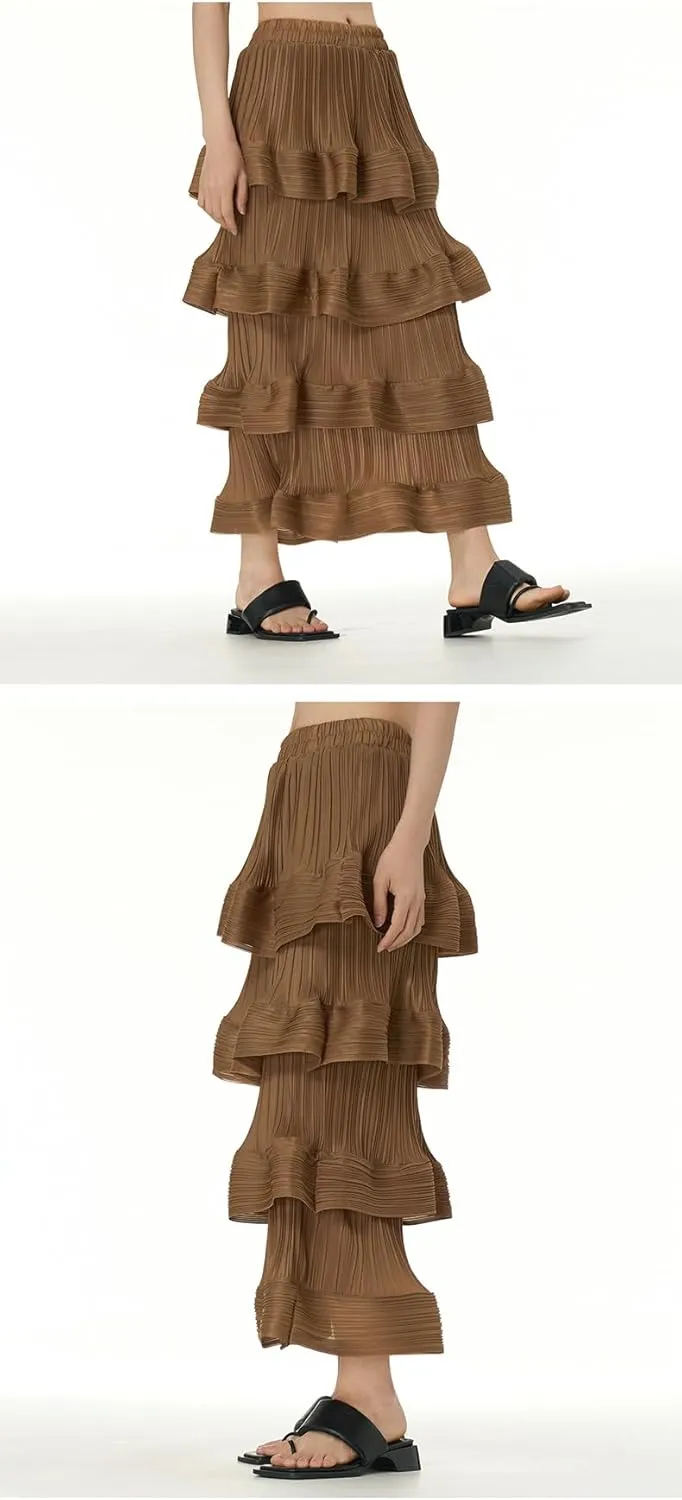 THLAI Womens Skirt Midi Elastic Waist Tiered Long Skirt Falbala Spring Summer Fall Skirt