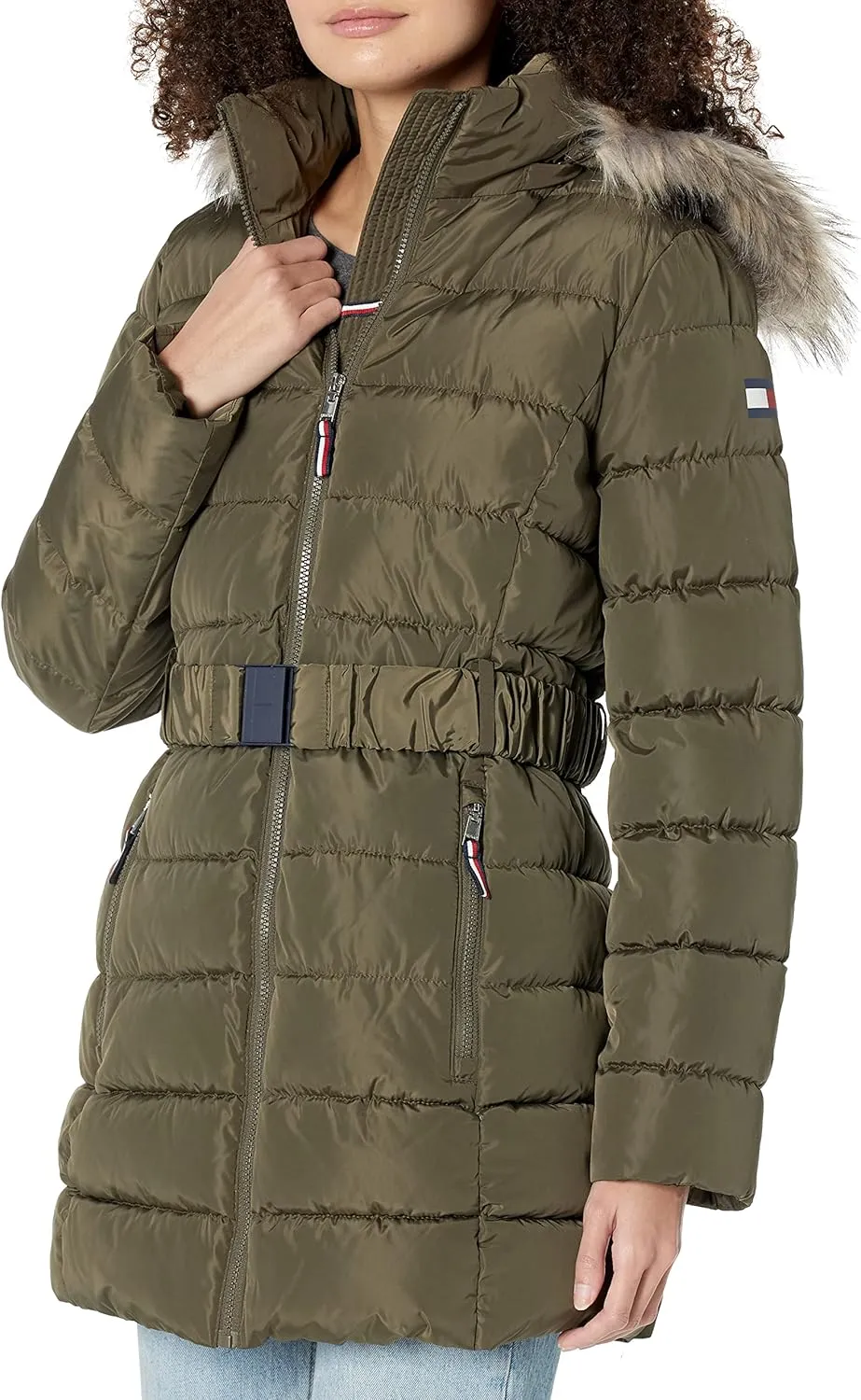 Tommy Hilfiger Women's Fur Long Puffer Hooded Belt Jacket