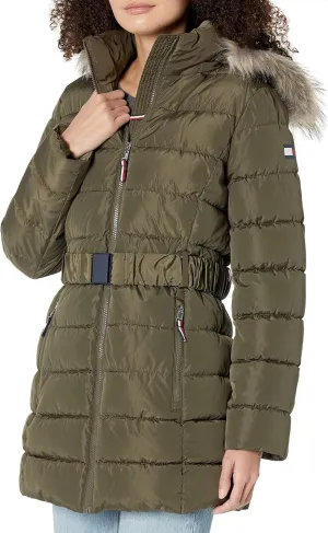 Tommy Hilfiger Women's Fur Long Puffer Hooded Belt Jacket