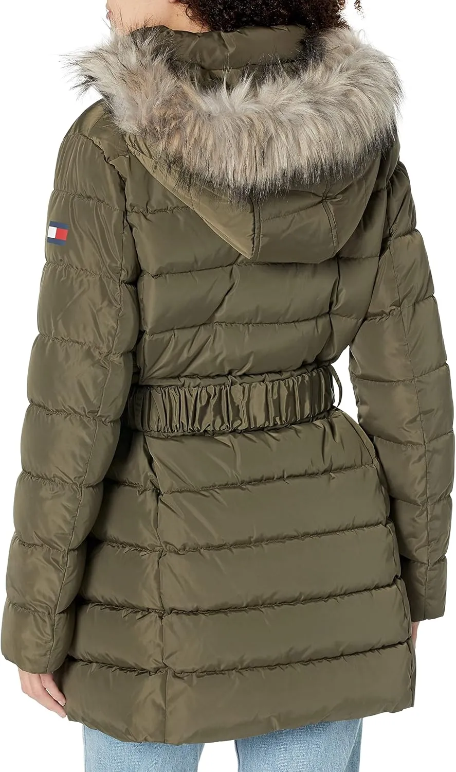 Tommy Hilfiger Women's Fur Long Puffer Hooded Belt Jacket