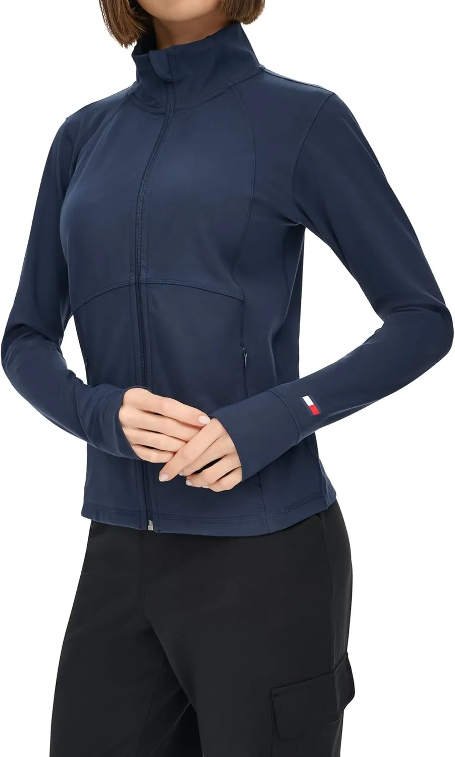 Tommy Hilfiger Women's Zippered Pockets Mock Neck Semi Fitted Cozy Peached Workout Jacket