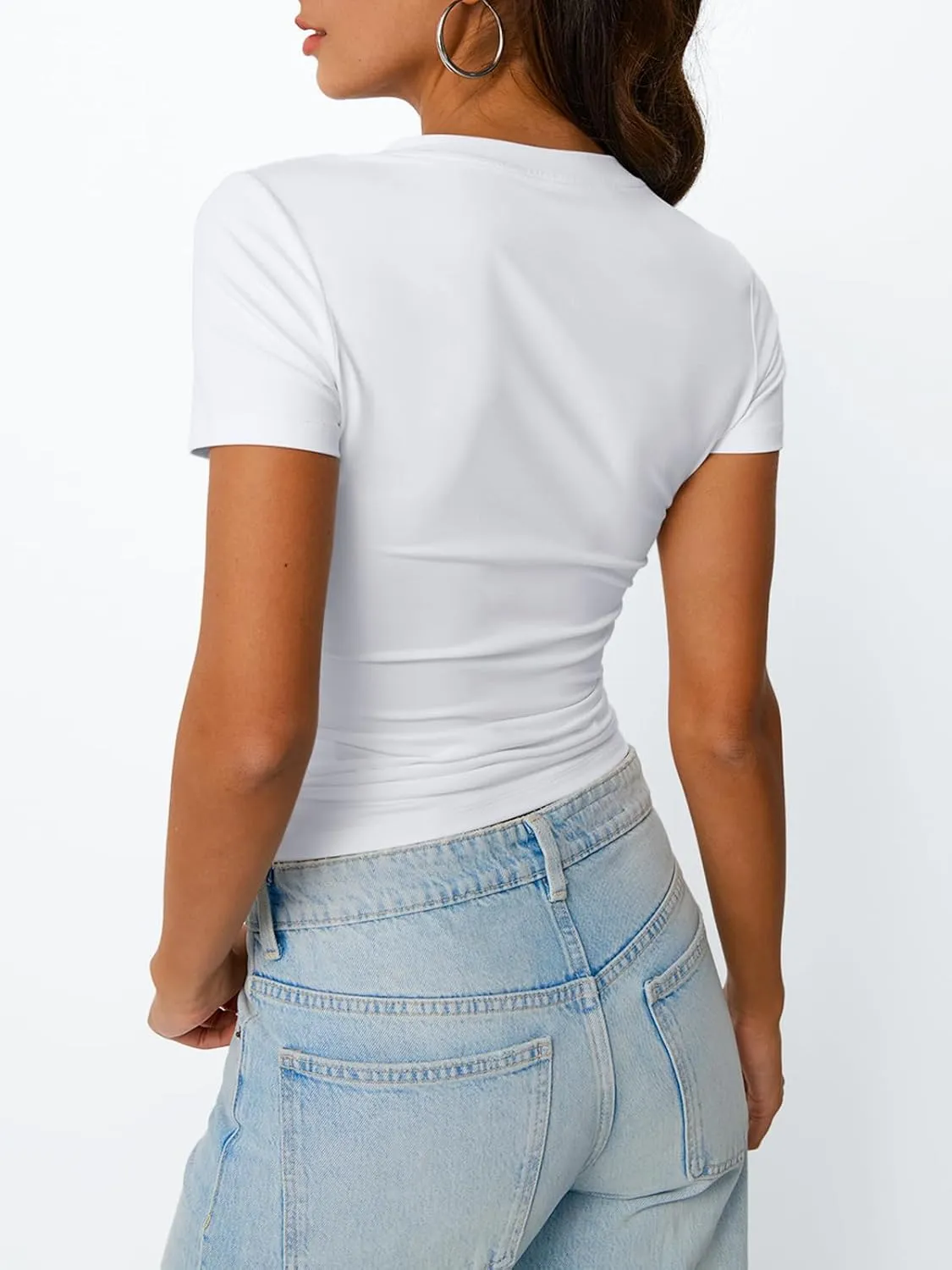 Trendy Queen Womens Basic V Neck Short Sleeve T Shirts Slim Fit Crop Y2k Tee 2025 Summer Cute Gym Fashion Clothes