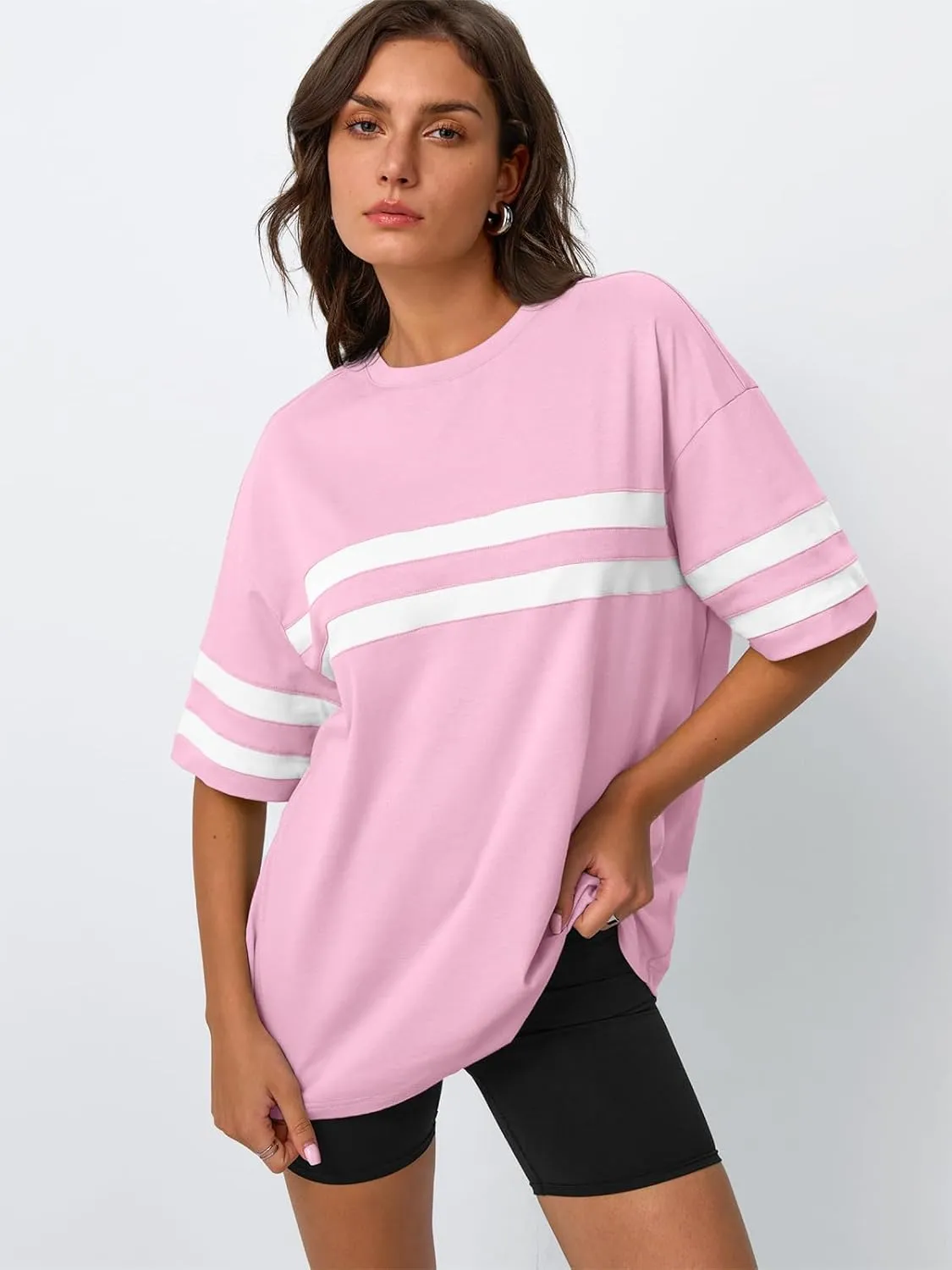 Trendy Queen Womens Oversized Tee Shirts Loose Fit Tops Round Neck Color Block Half Sleeve Casual Summer Clothes 2025