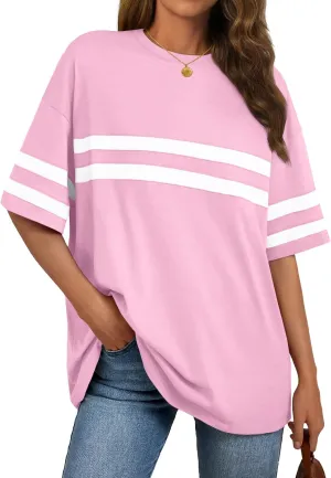 Trendy Queen Womens Oversized Tee Shirts Loose Fit Tops Round Neck Color Block Half Sleeve Casual Summer Clothes 2025