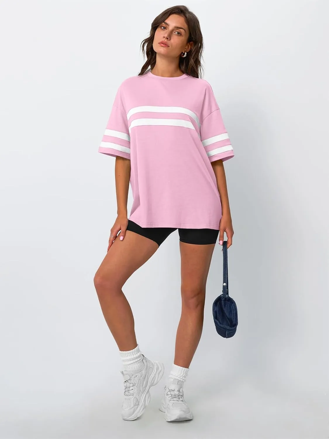 Trendy Queen Womens Oversized Tee Shirts Loose Fit Tops Round Neck Color Block Half Sleeve Casual Summer Clothes 2025