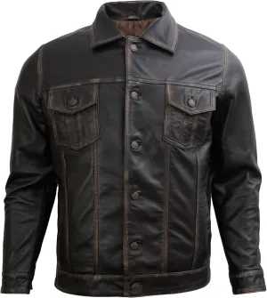 Trucker Style Casual Vintage Leather Jacket Men - Classic Button Down Real Lambskin Jackets For Mens With Pockets