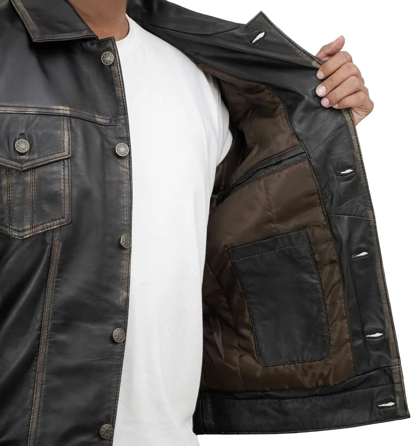 Trucker Style Casual Vintage Leather Jacket Men - Classic Button Down Real Lambskin Jackets For Mens With Pockets
