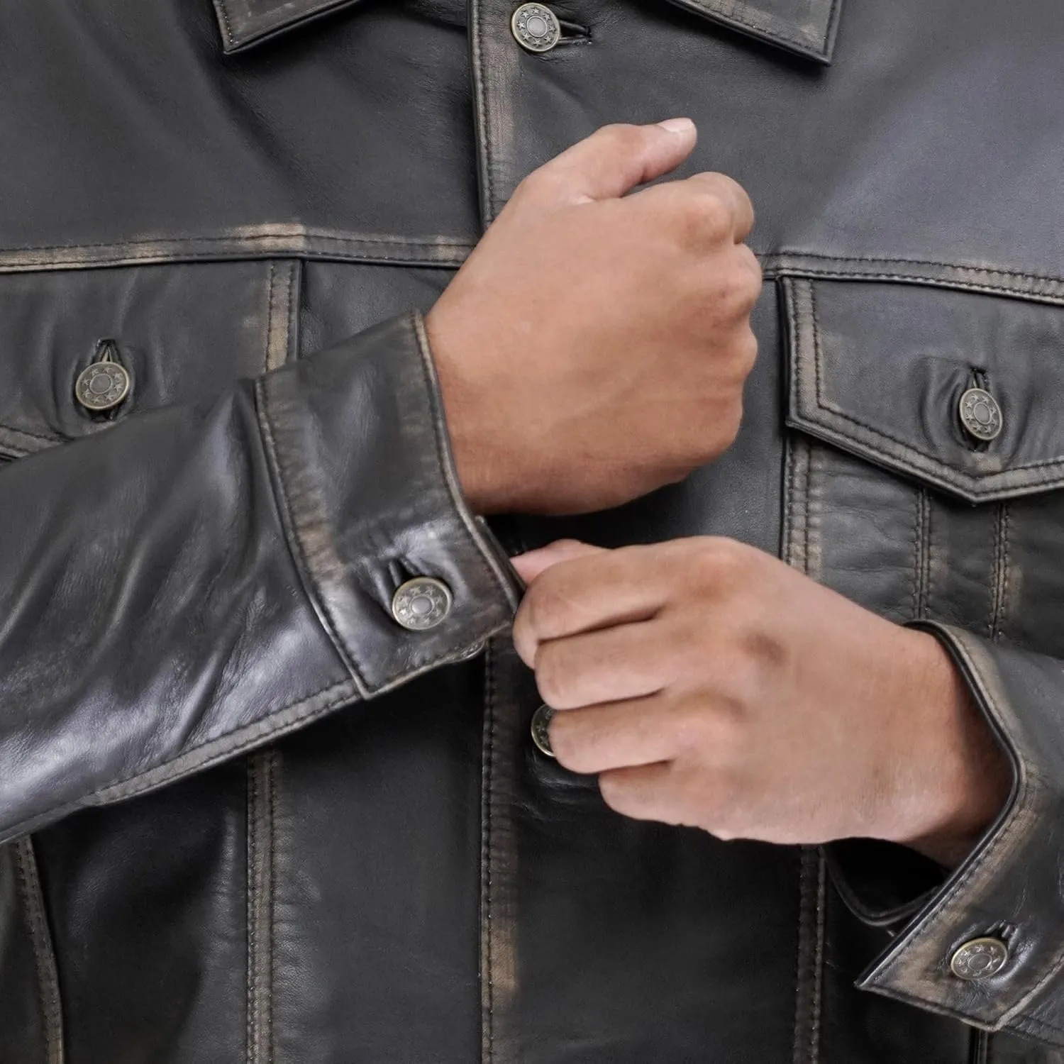 Trucker Style Casual Vintage Leather Jacket Men - Classic Button Down Real Lambskin Jackets For Mens With Pockets