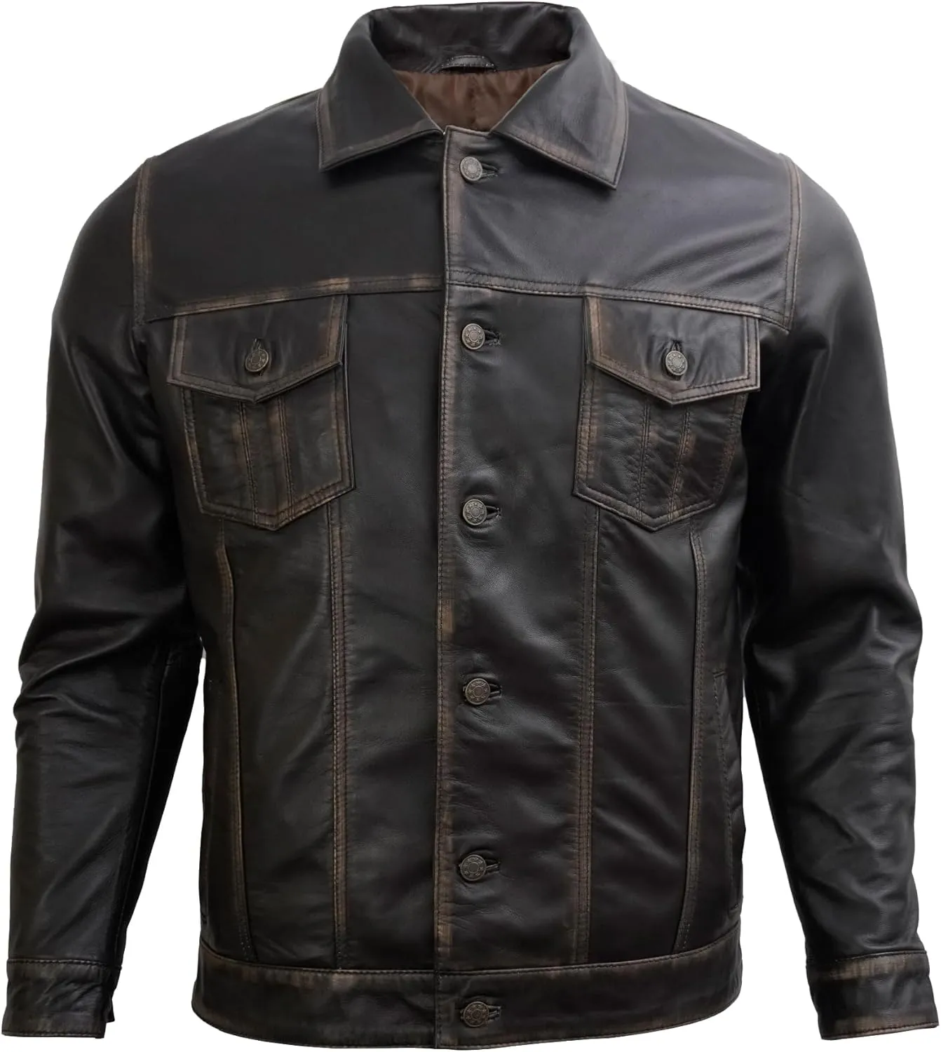 Trucker Style Casual Vintage Leather Jacket Men - Classic Button Down Real Lambskin Jackets For Mens With Pockets