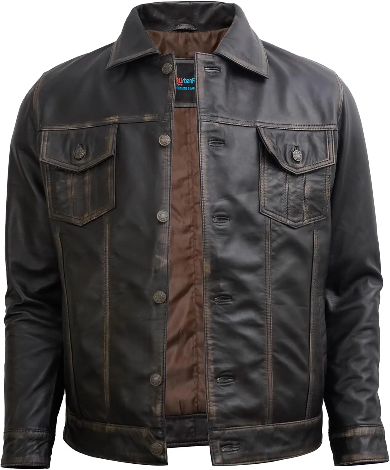 Trucker Style Casual Vintage Leather Jacket Men - Classic Button Down Real Lambskin Jackets For Mens With Pockets