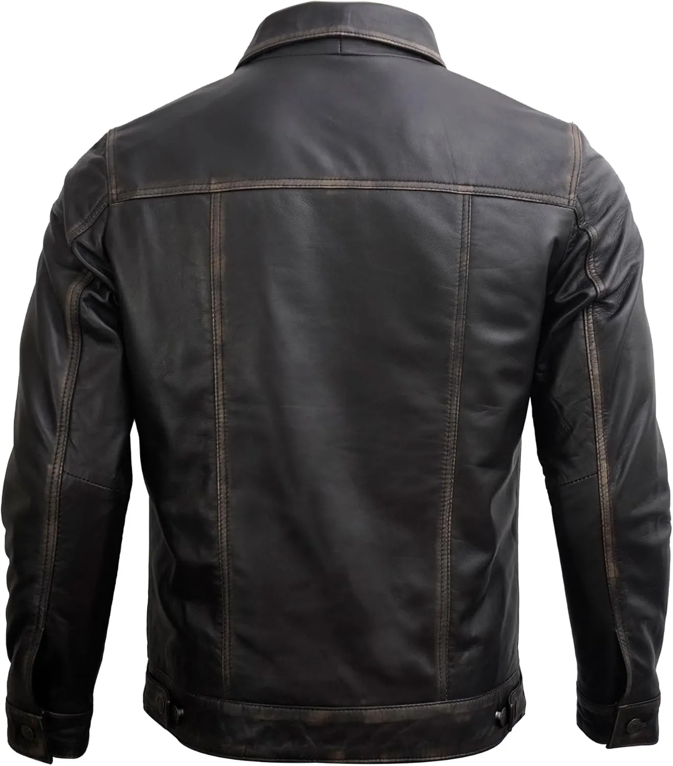 Trucker Style Casual Vintage Leather Jacket Men - Classic Button Down Real Lambskin Jackets For Mens With Pockets