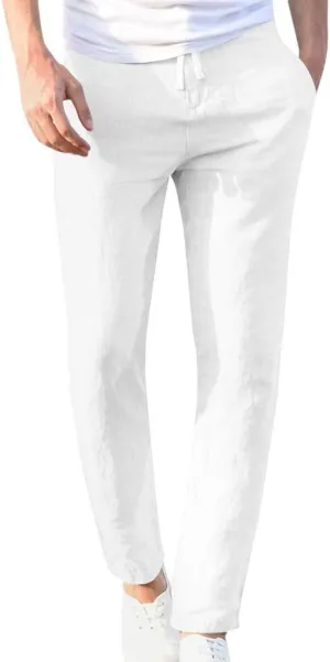 tuduoms Linen Slacks Men's Beach Casual Straight Fit Tapered Pants Summer Slim-Fit Drawstrintg Capri Pants Lightweight Pant