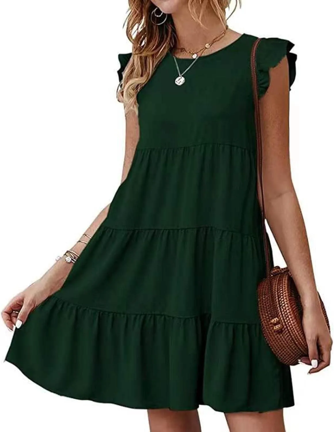 TUNUSKAT Womens Summer Mini Dresses Sleeveless Ruffle Sleeve Round Neck Tunic Dress Solid Loose Flowy Pleated Babydoll Dress