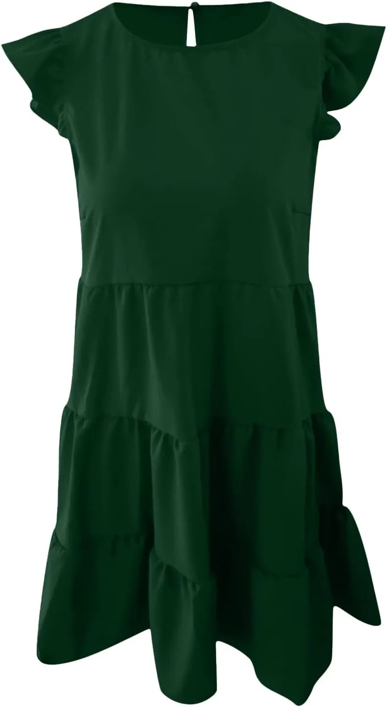 TUNUSKAT Womens Summer Mini Dresses Sleeveless Ruffle Sleeve Round Neck Tunic Dress Solid Loose Flowy Pleated Babydoll Dress