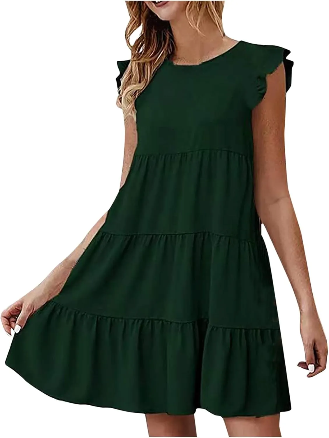 TUNUSKAT Womens Summer Mini Dresses Sleeveless Ruffle Sleeve Round Neck Tunic Dress Solid Loose Flowy Pleated Babydoll Dress