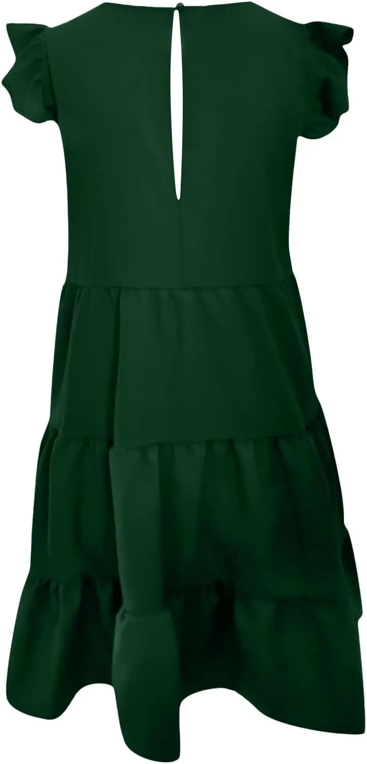 TUNUSKAT Womens Summer Mini Dresses Sleeveless Ruffle Sleeve Round Neck Tunic Dress Solid Loose Flowy Pleated Babydoll Dress