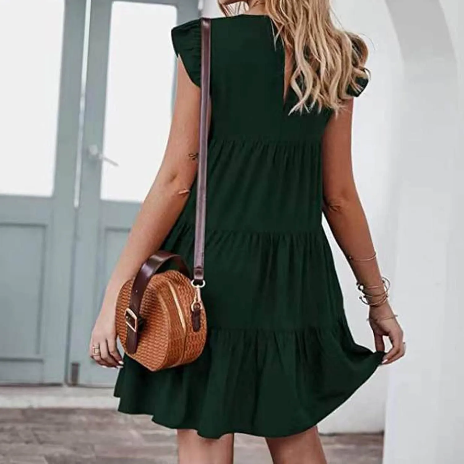 TUNUSKAT Womens Summer Mini Dresses Sleeveless Ruffle Sleeve Round Neck Tunic Dress Solid Loose Flowy Pleated Babydoll Dress