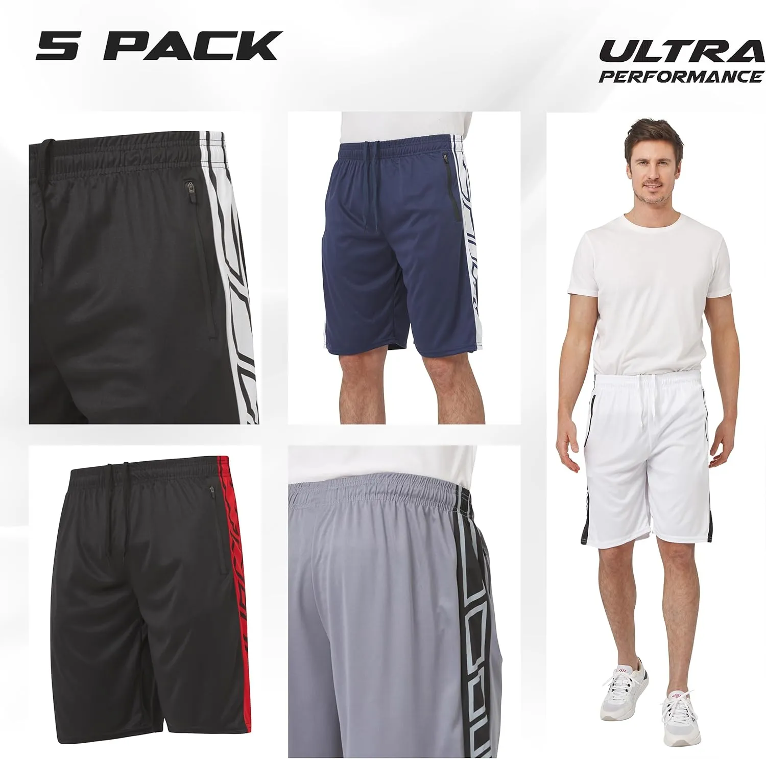 Ultra Performance Mens 5 Pack Athletic Running Shorts, Basketball Gym Workout Shorts for Men with Zippered Pockets