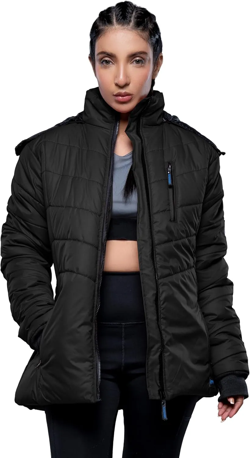 URBAN BUCK Women Puffer Jacket Faux Fur Trimmed Hooded Midweight Windproof & Water Repellent Paola Black Womens Winter Down Hiking Coat (XXL)