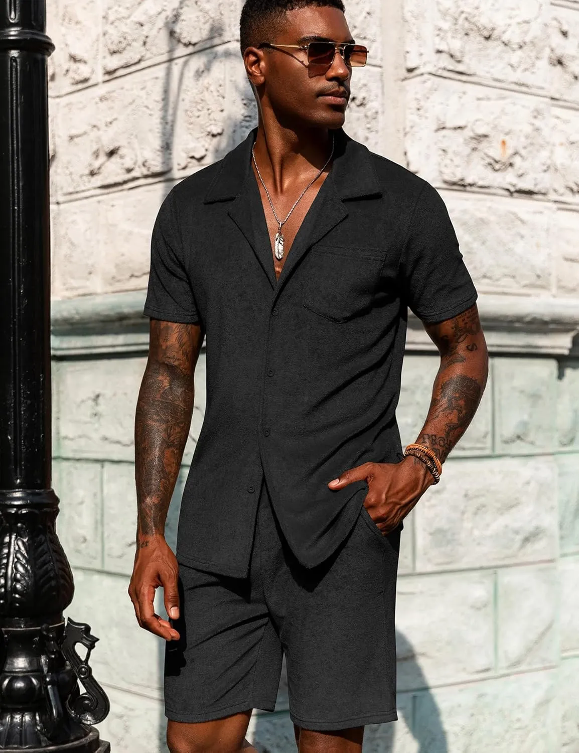 URRU Mens Short Sets 2 Piece Outfits Summer Beach Terry Short Sleeve Button Down Shirt and Shorts Set