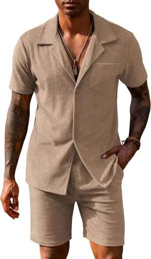 URRU Mens Short Sets 2 Piece Outfits Summer Beach Terry Short Sleeve Button Down Shirt and Shorts Set