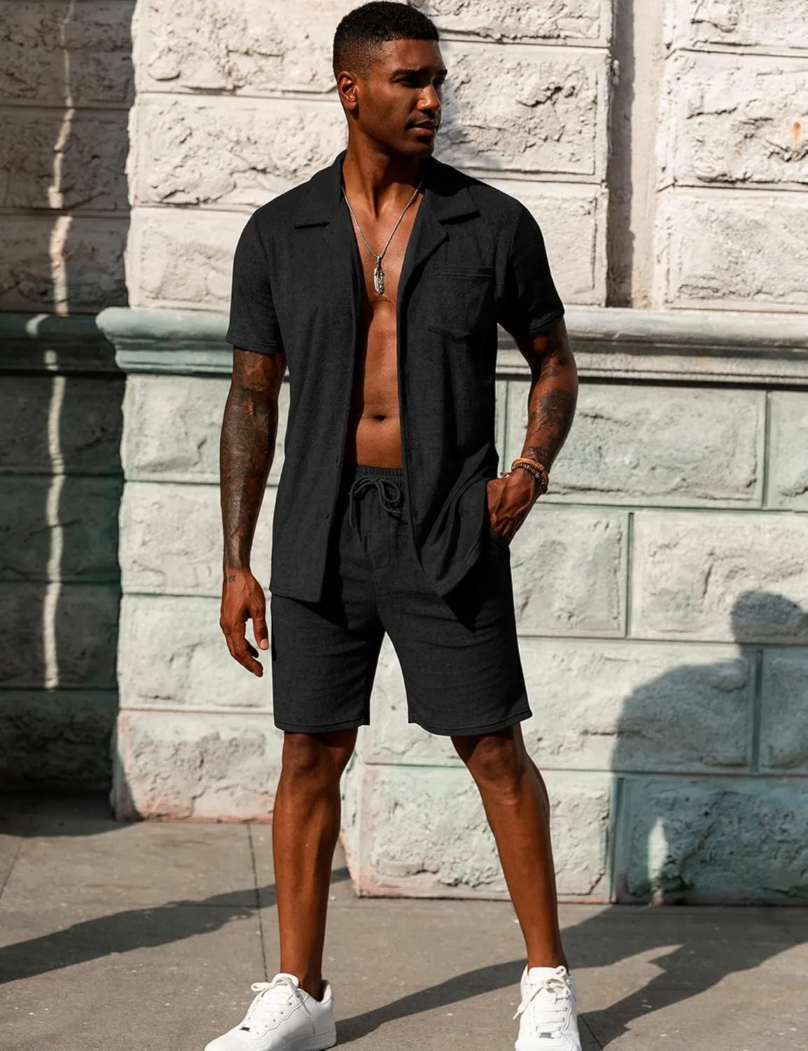 URRU Mens Short Sets 2 Piece Outfits Summer Beach Terry Short Sleeve Button Down Shirt and Shorts Set