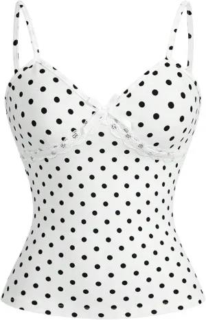 Verdusa Women's Polka Dots Bow Lace Cami Top Sleeveless V Neck Fitted Camisole