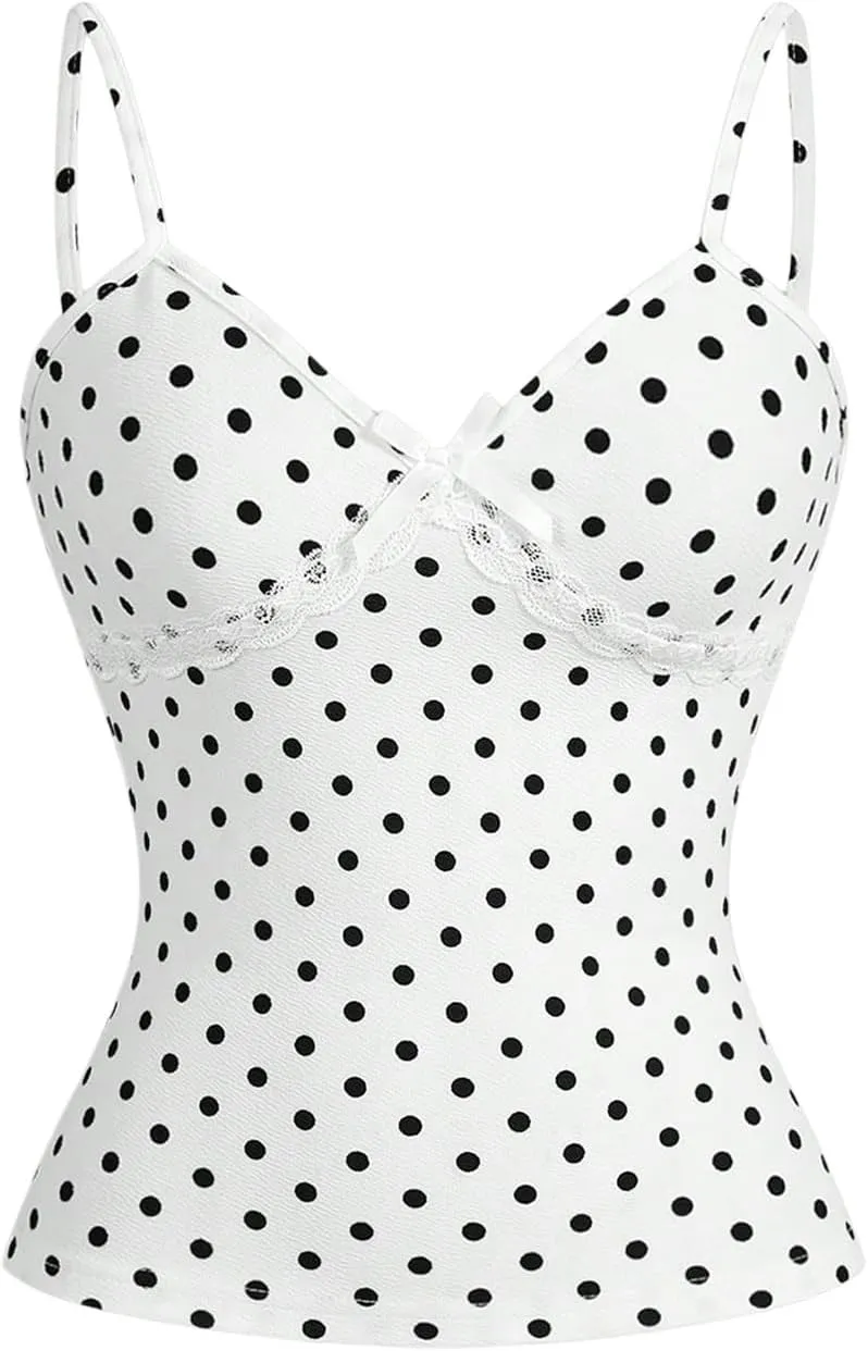 Verdusa Women's Polka Dots Bow Lace Cami Top Sleeveless V Neck Fitted Camisole