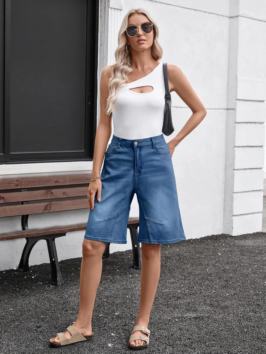 VICHYIE Womens Summer Denim Wide Leg Casual Loose Mid-Low Rise Jorts Bermuda Knee Length Jeans Short Pants