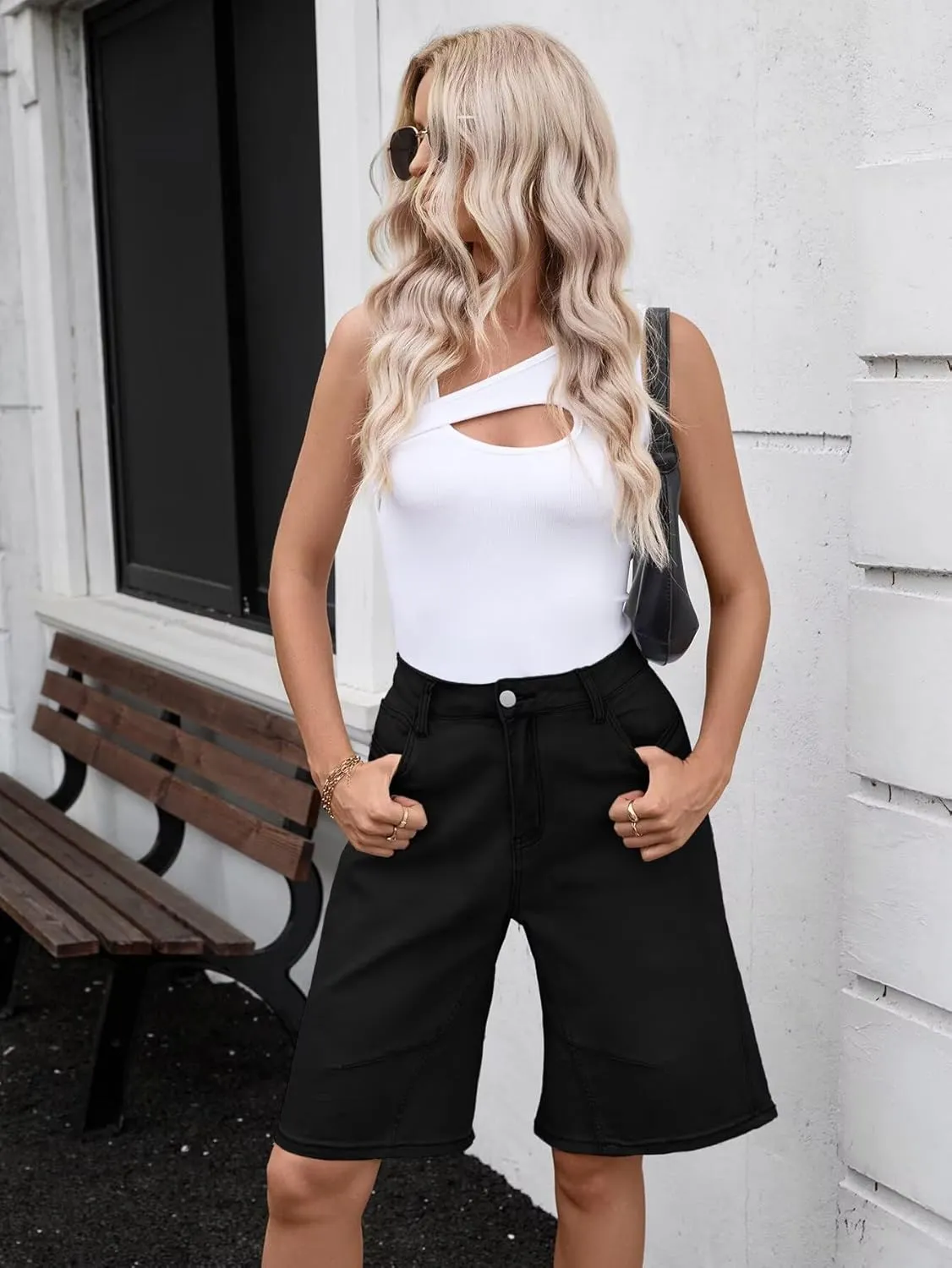 VICHYIE Womens Summer Denim Wide Leg Casual Loose Mid-Low Rise Jorts Bermuda Knee Length Jeans Short Pants