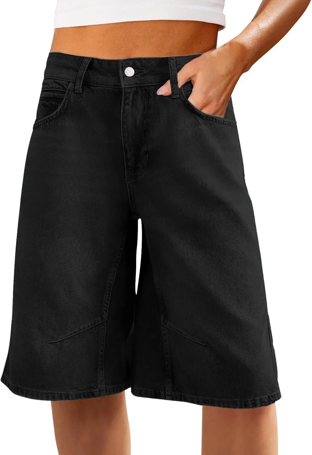 VICHYIE Womens Summer Denim Wide Leg Casual Loose Mid-Low Rise Jorts Bermuda Knee Length Jeans Short Pants