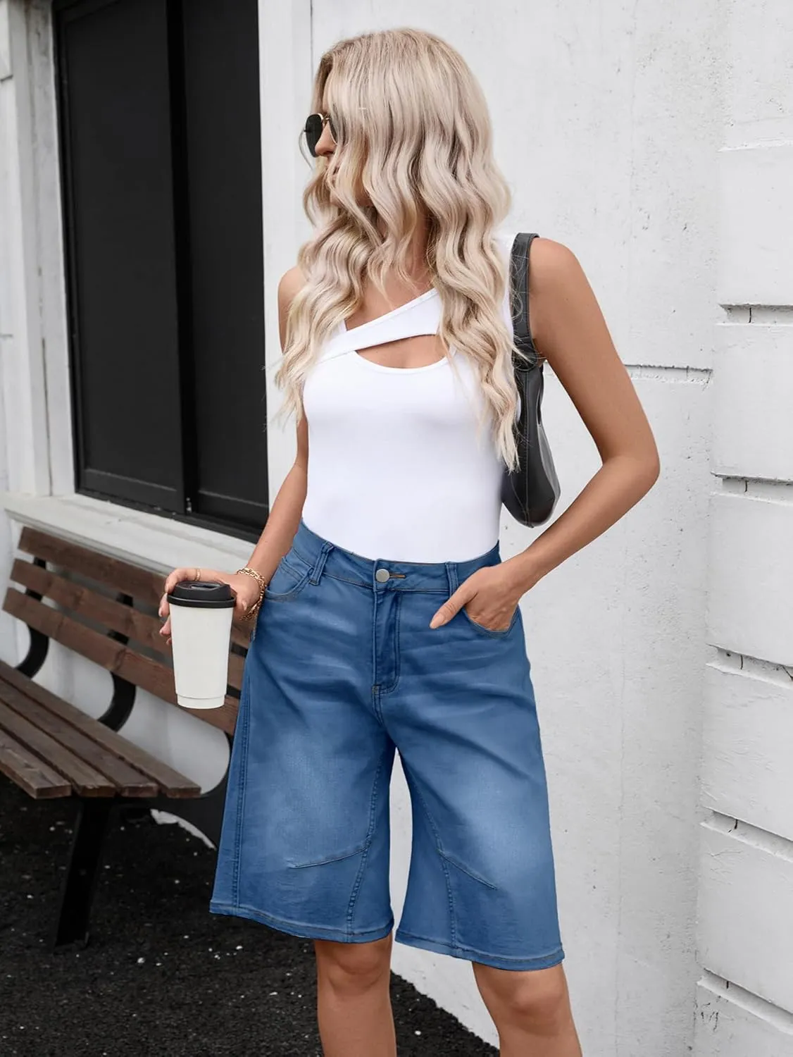 VICHYIE Womens Summer Denim Wide Leg Casual Loose Mid-Low Rise Jorts Bermuda Knee Length Jeans Short Pants
