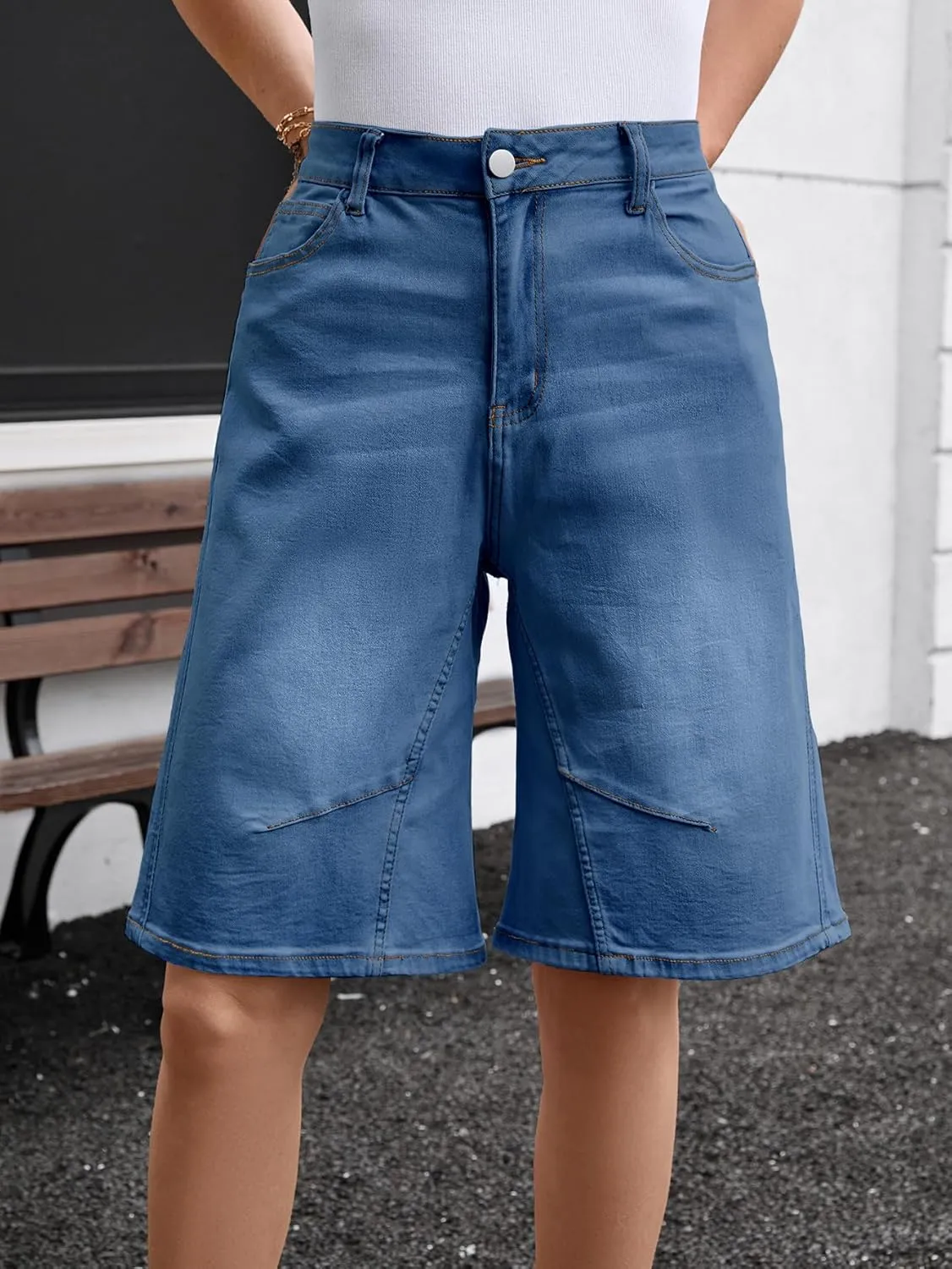 VICHYIE Womens Summer Denim Wide Leg Casual Loose Mid-Low Rise Jorts Bermuda Knee Length Jeans Short Pants